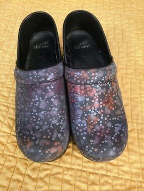 Dansko Black Clogs with Purple and Pink Dot Print